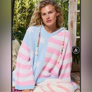 POL STRIPE STAR PINK AND BLUE OVERSIZED COZY HOODIE SIZE MEDIUM NWT
